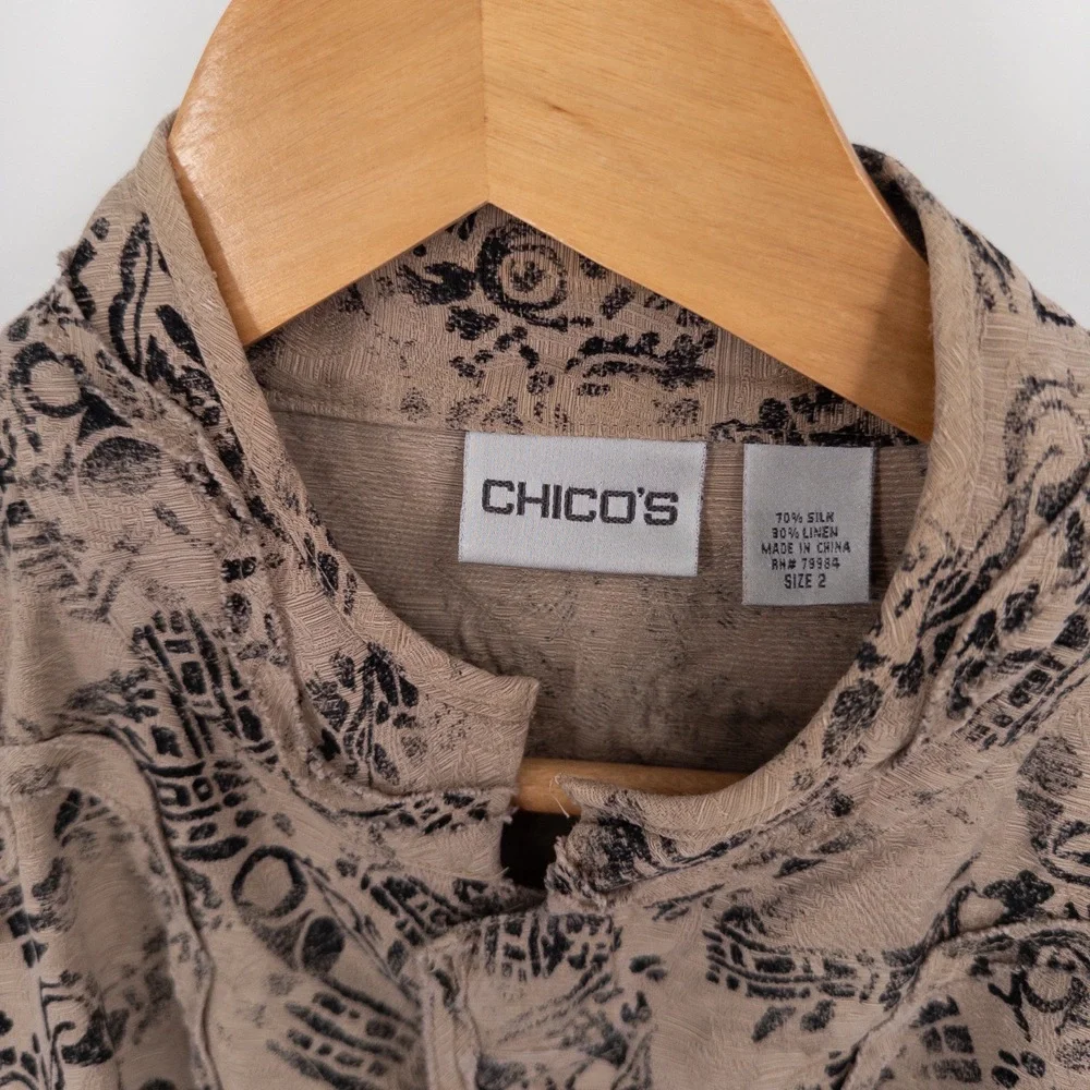Chico's Silk Linen Textured Jacket L Sz‎ 2 Abstract Boho Artsy Floral Appliqué